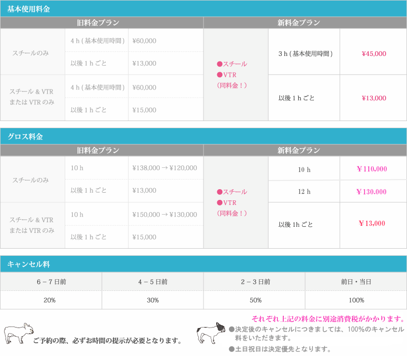 基本料金、新料金プラン3時間¥39,000以後1 hごと¥13,000。グロス料金、新料金プラン10時間¥110,000以後1 hごと¥11,000